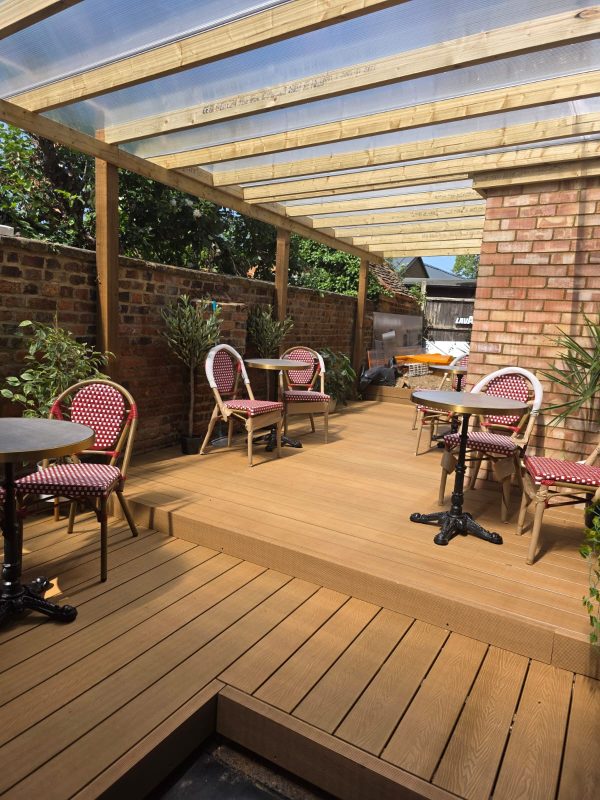 The covered outdoor courtyard at Stony&rsquo;s Bistro